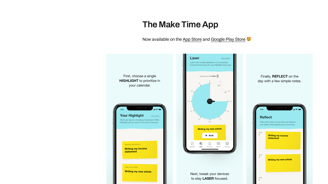 Make Time App Landing page