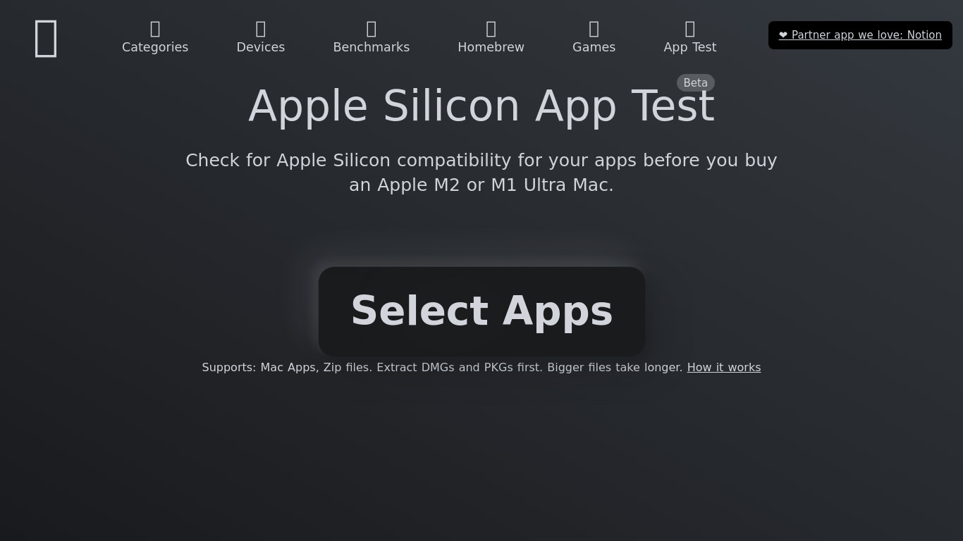 Apple Silicon App Test Landing page