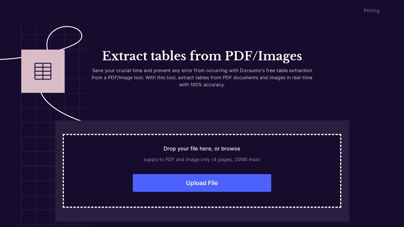Extract Tables by Docsumo Landing page