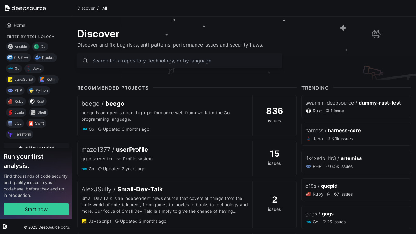 DeepSource Discover Landing page