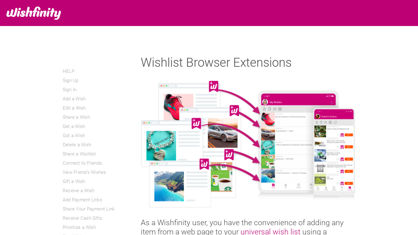 Wishfinity Browser Extensions Landing page
