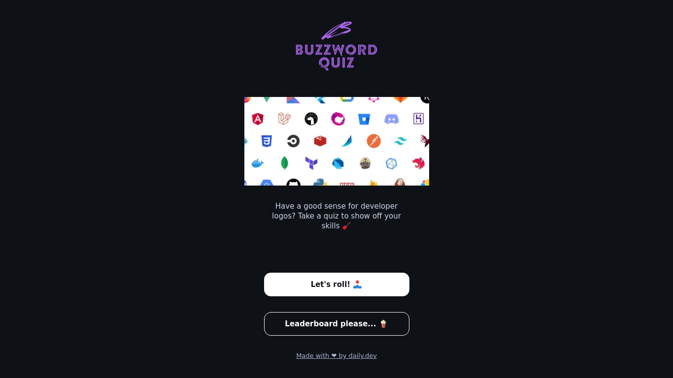 Buzzword Quiz For Developers Landing page