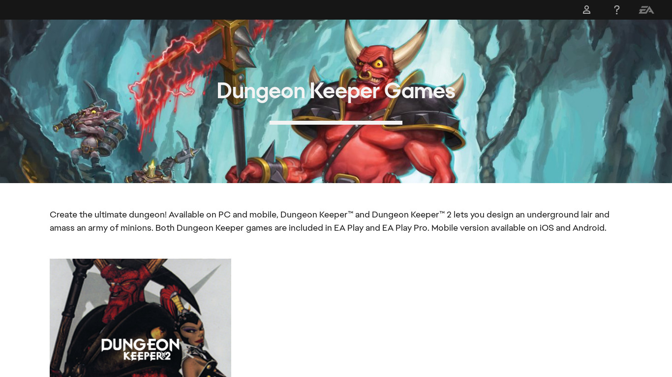 Dungeon Keeper Landing page
