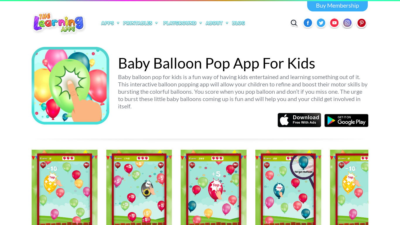 Balloon Pops Game by TheLearningApps Landing page