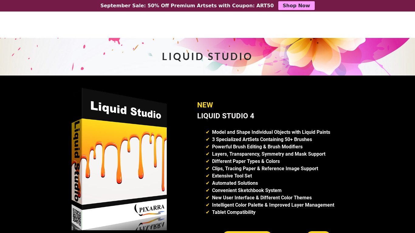 Pixarra Liquid Studio Landing page
