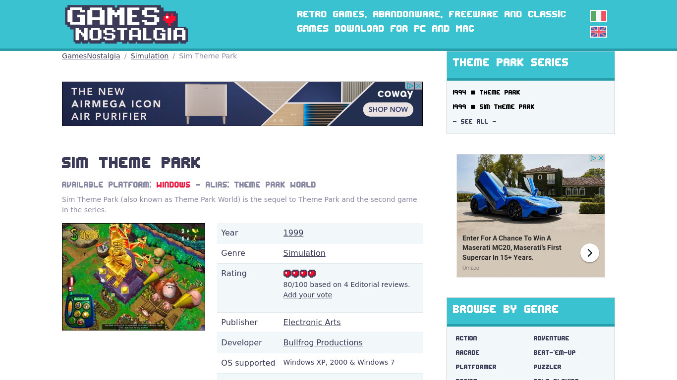 Sim Theme Park Landing page