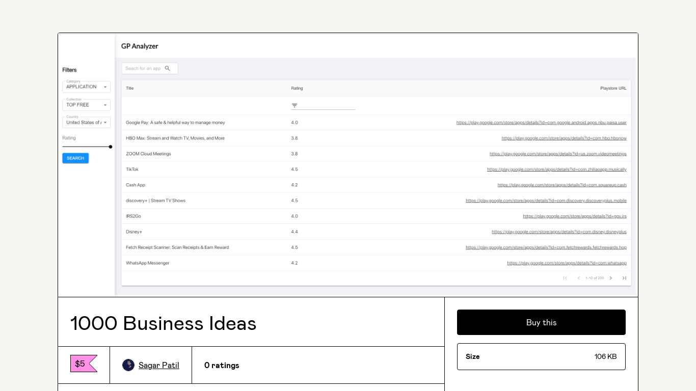1000 Business Ideas Landing page