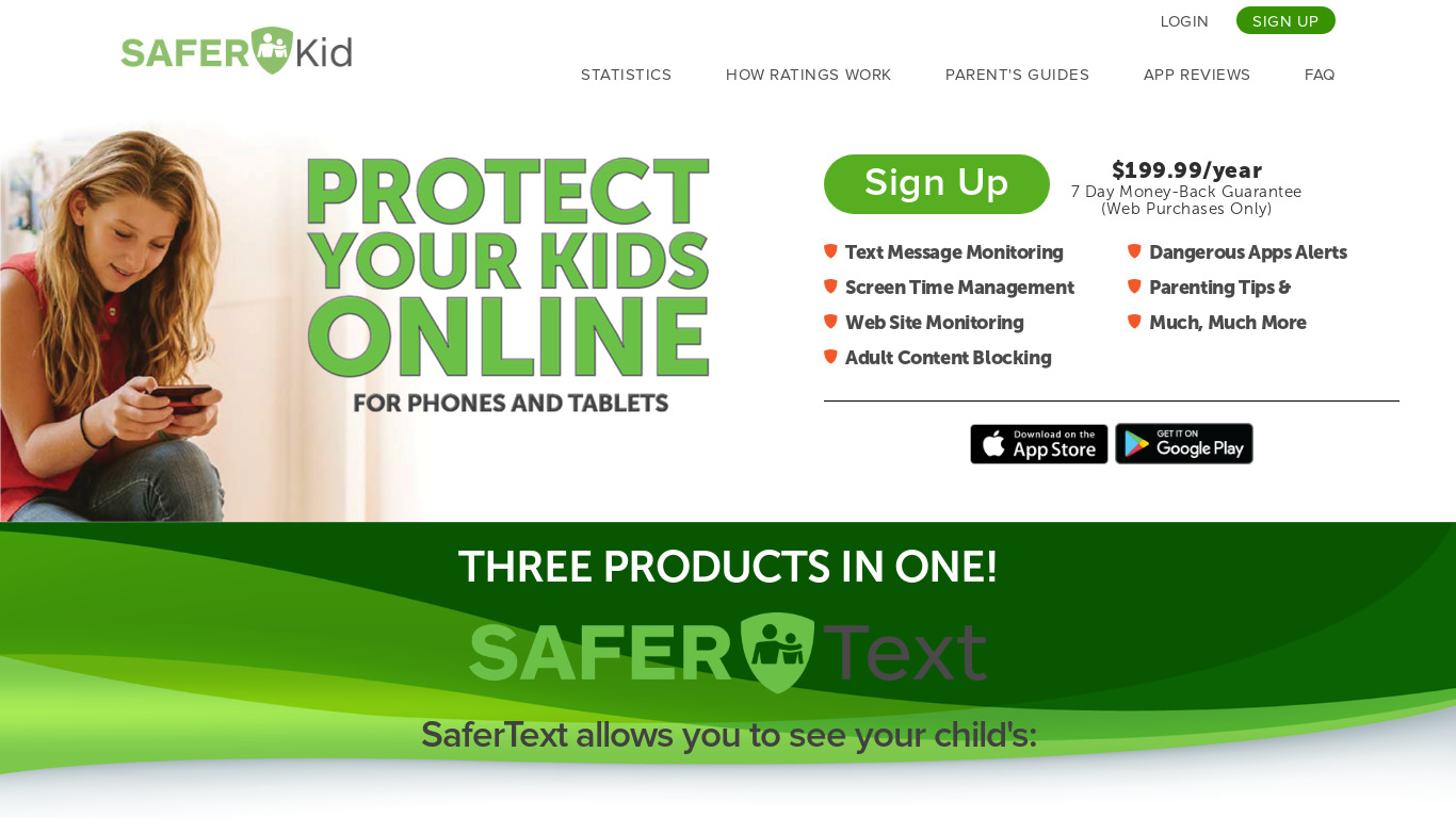 SaferKid Text Monitoring App Landing page
