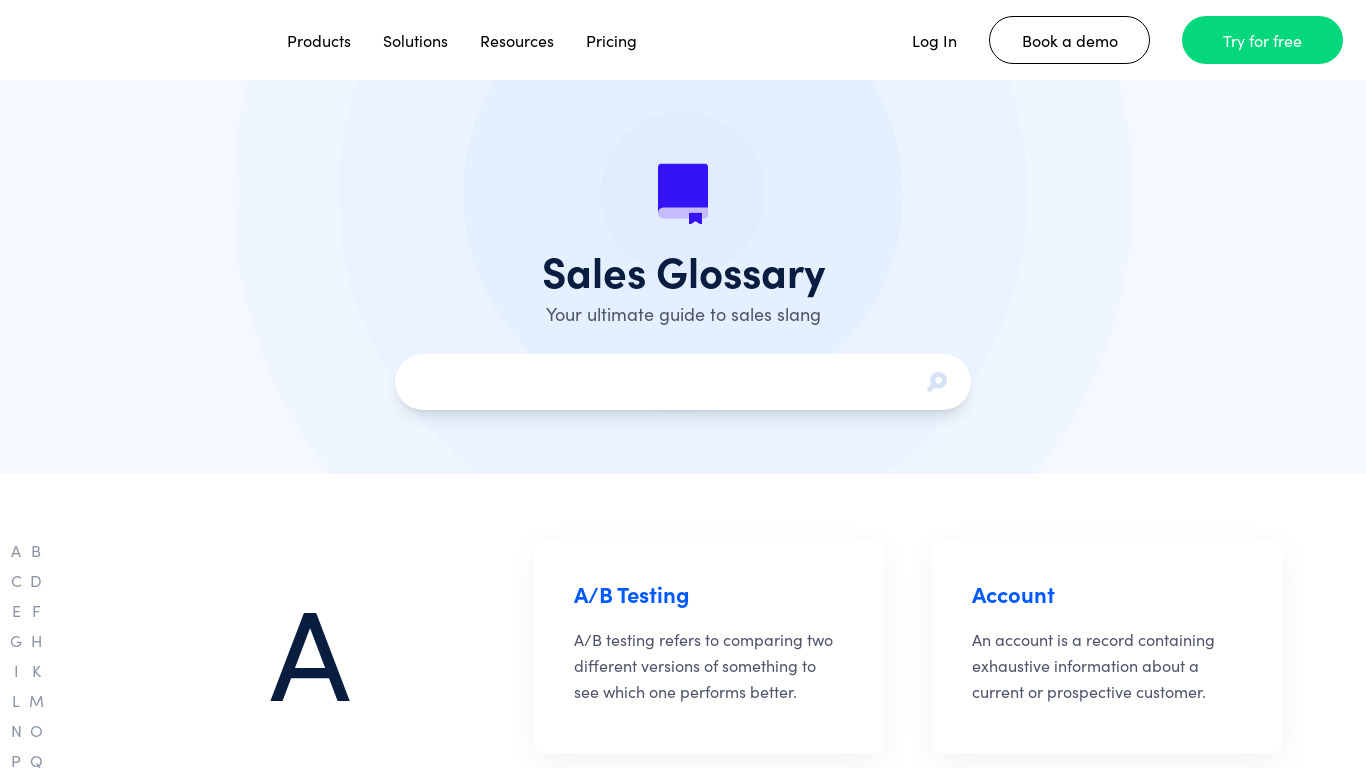 Sales Glossary by Reply Landing page