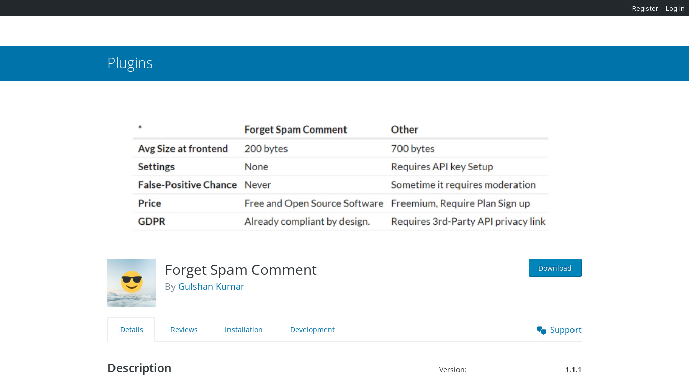 Forget Spam Comment Landing page