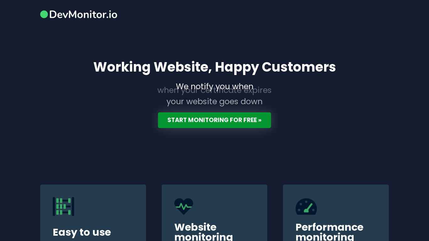 DevMonitor.io Landing page