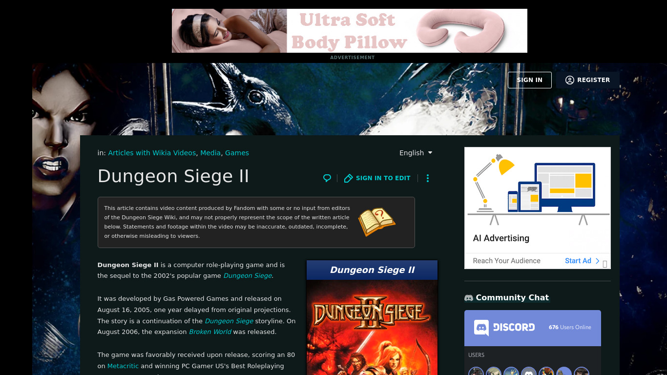 Dungeon Siege II Landing page