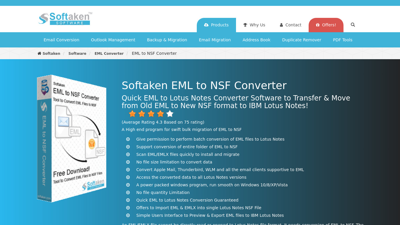Softaken EML to NSF Converter Landing page