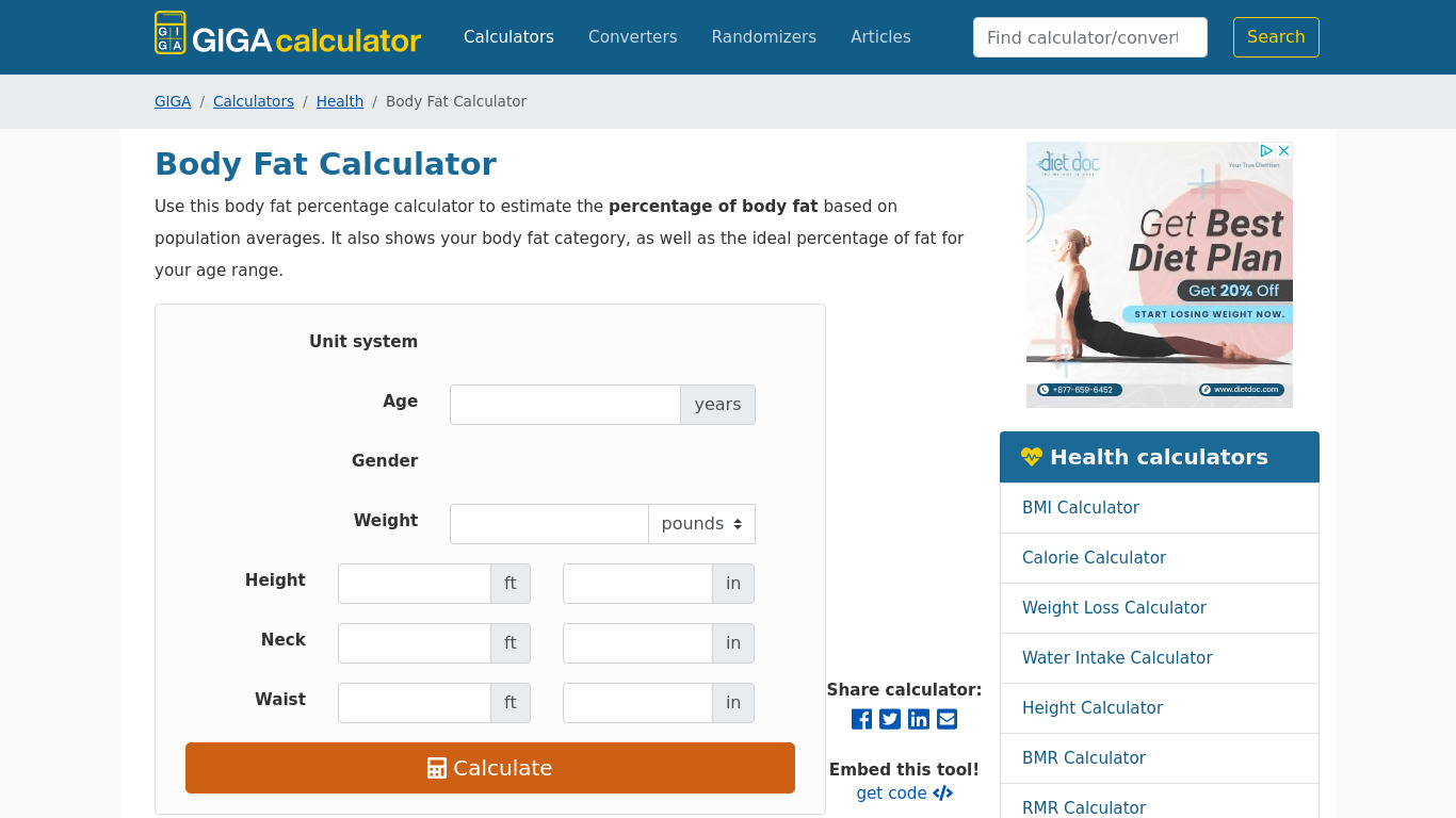 Body Fat Calculator by GigaCalculator Landing page