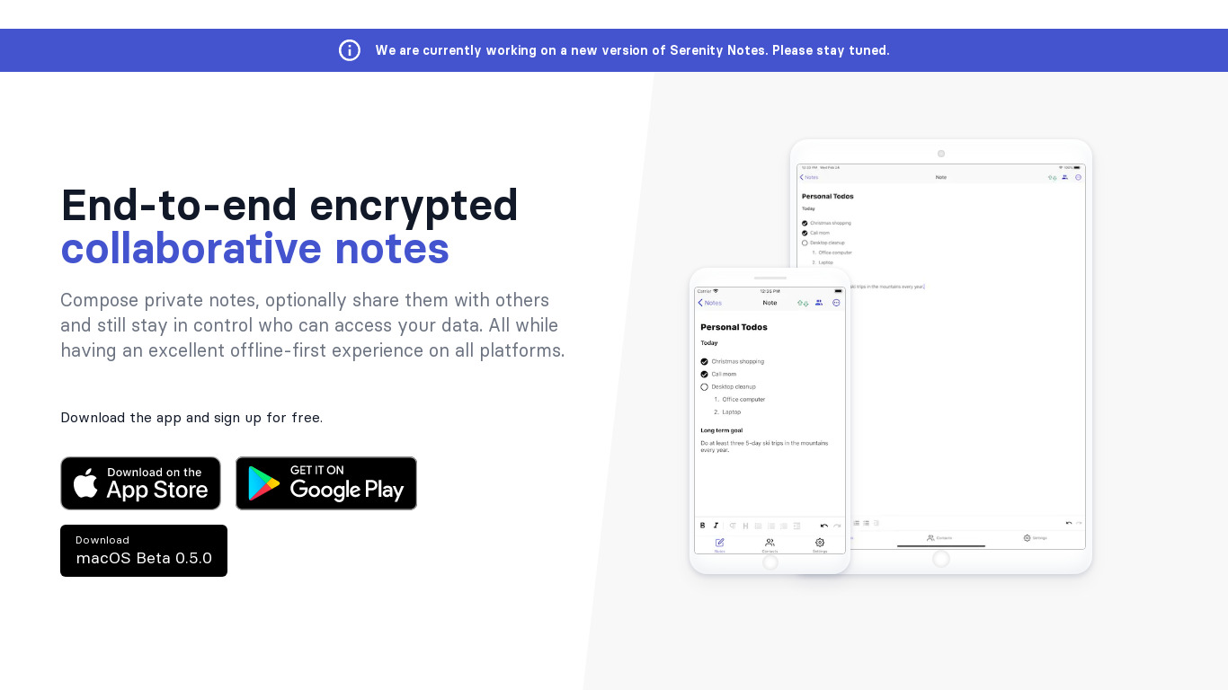 Serenity Notes Landing page
