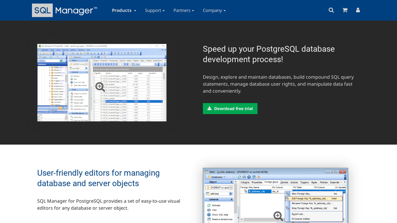 EMS SQL Manager for PostgreSQL Landing page