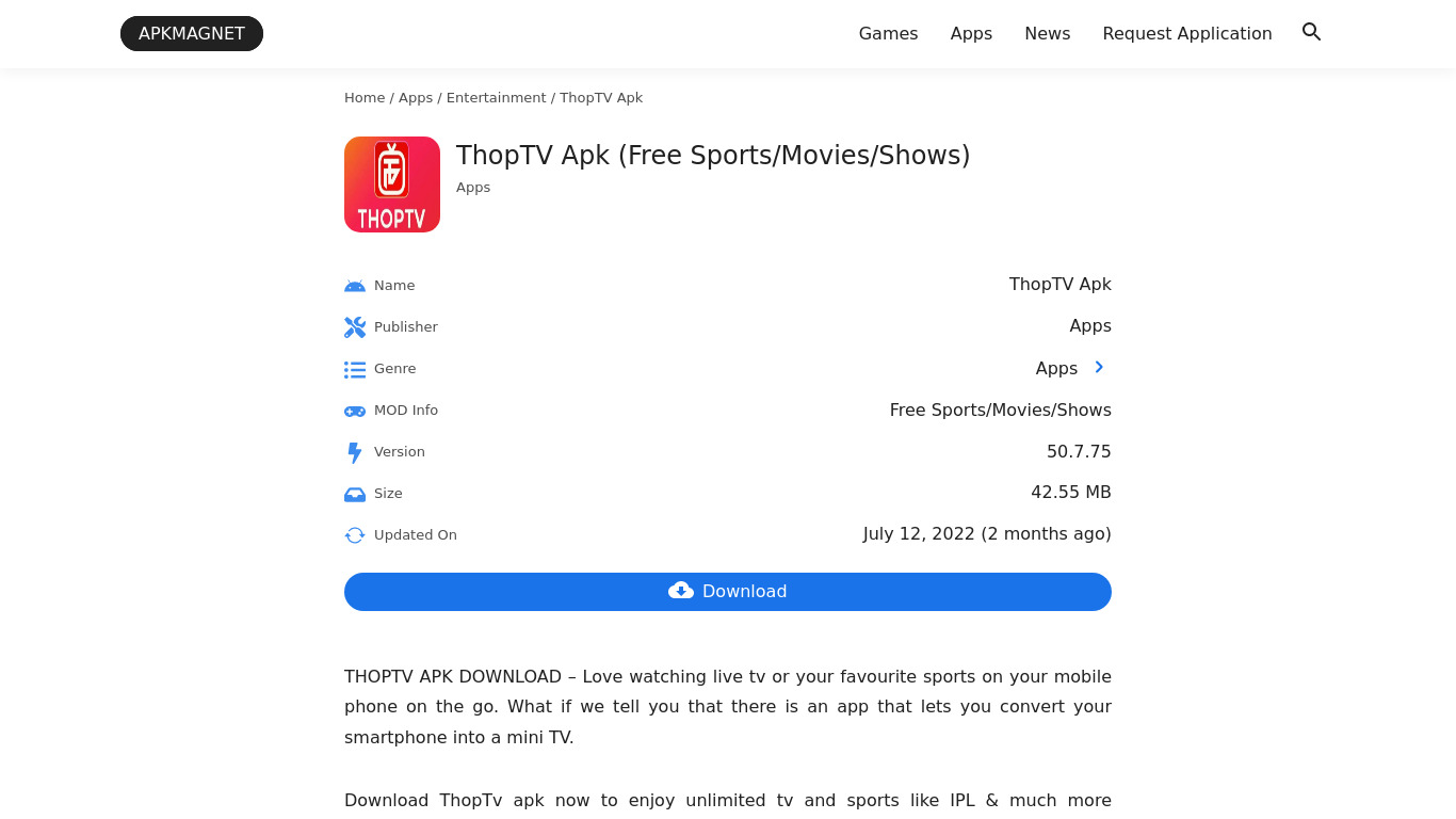 ThopTV APK Landing page