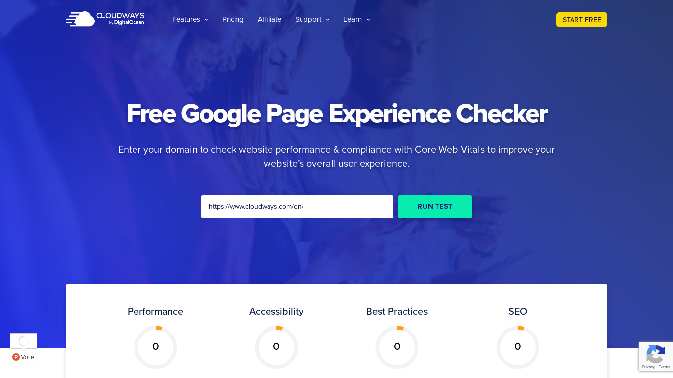 Page Experience Checker by Cloudways Landing page