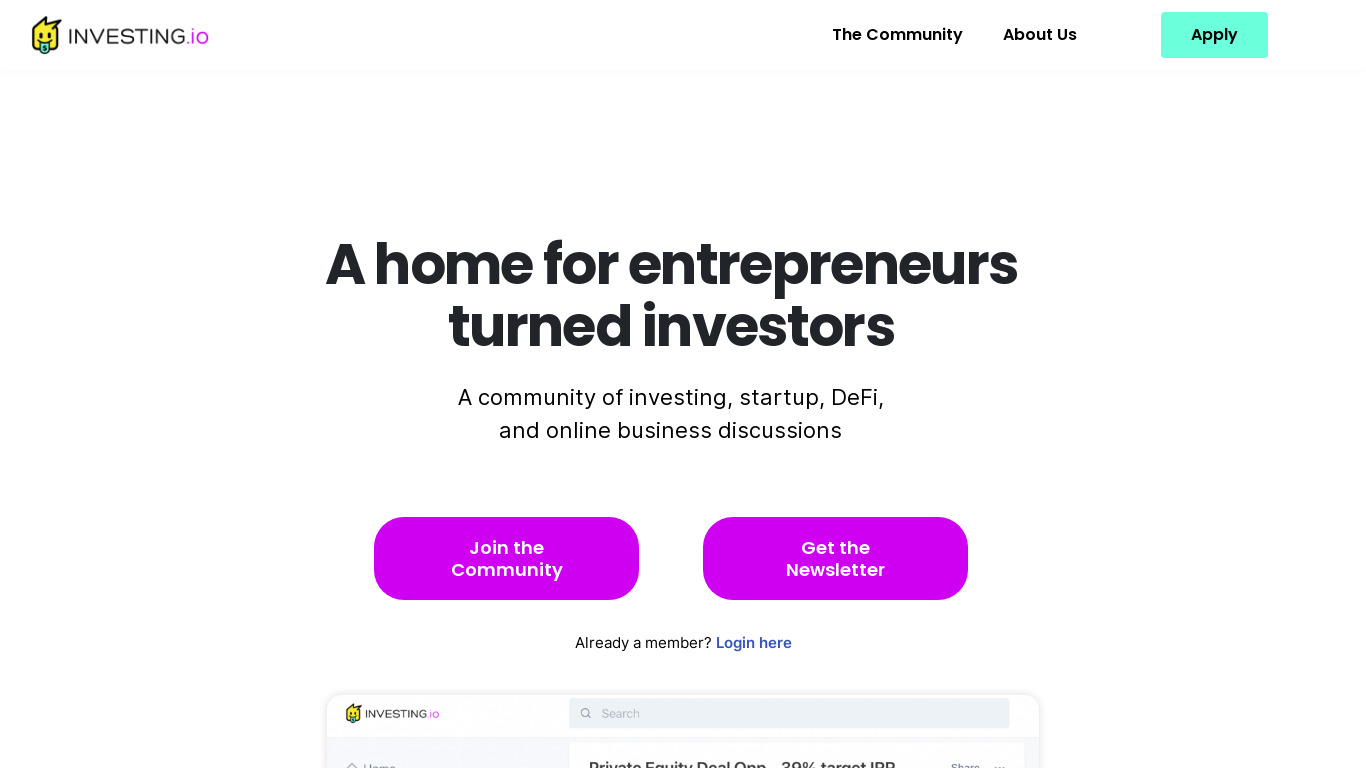 Investing.io Landing page