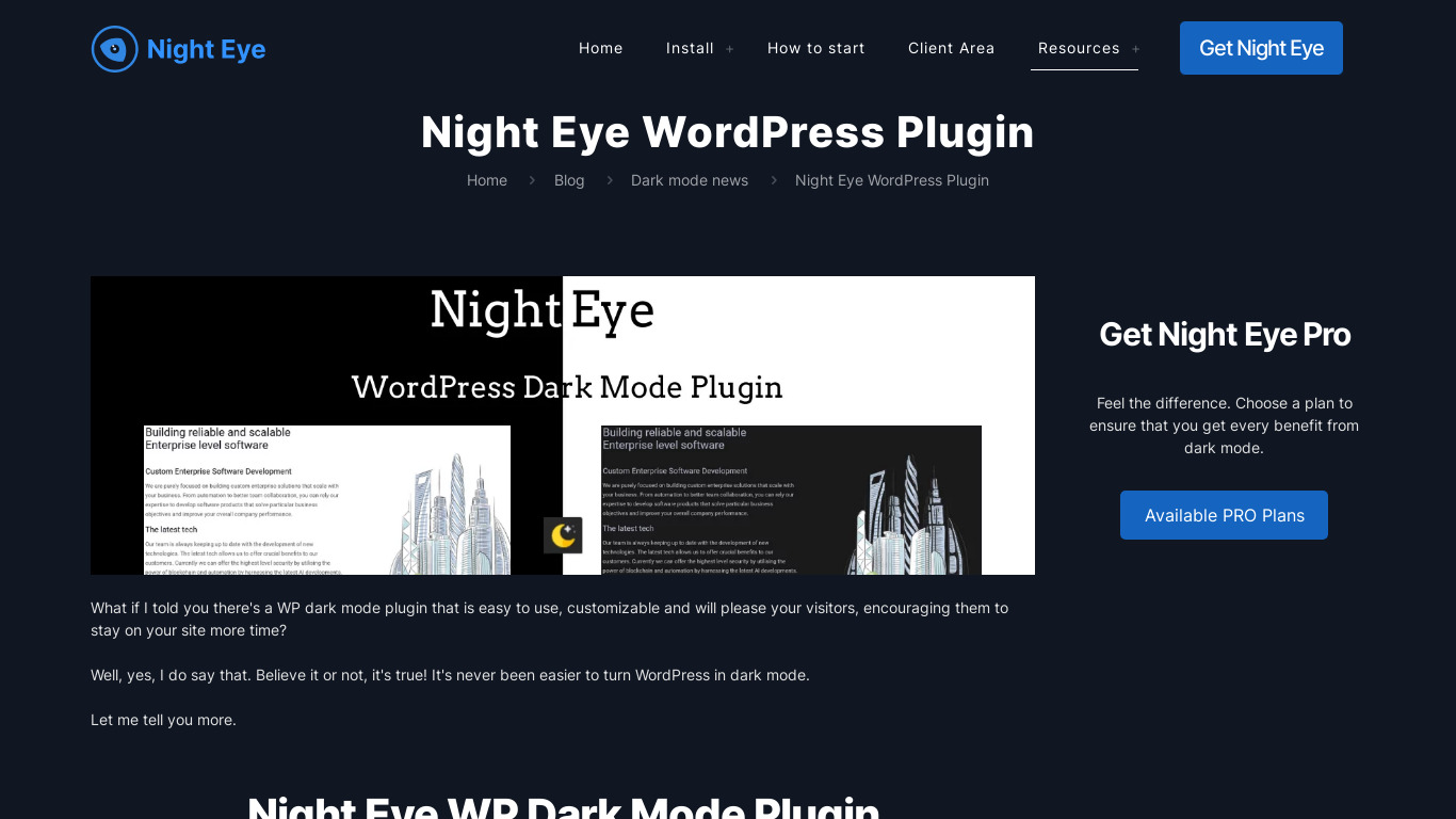 WordPress Dark Mode Plugin Landing page