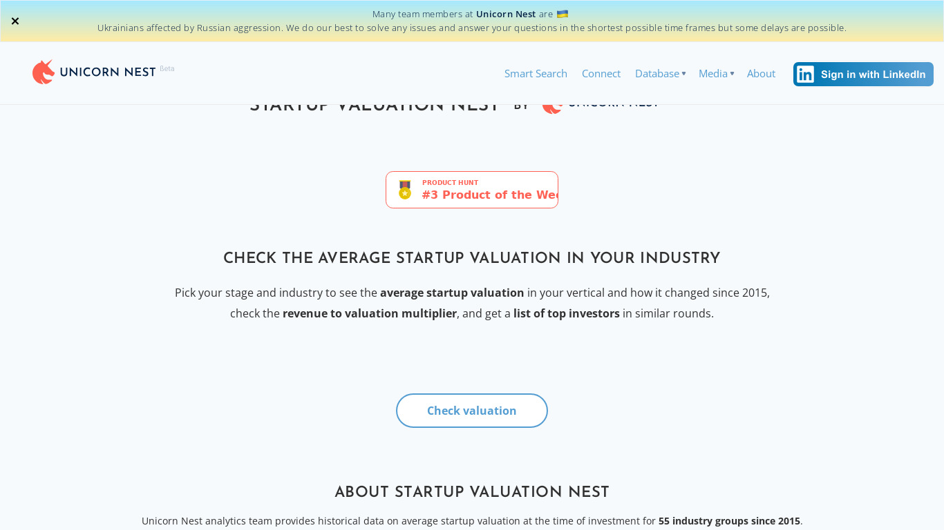 Startup Valuation Nest Landing page