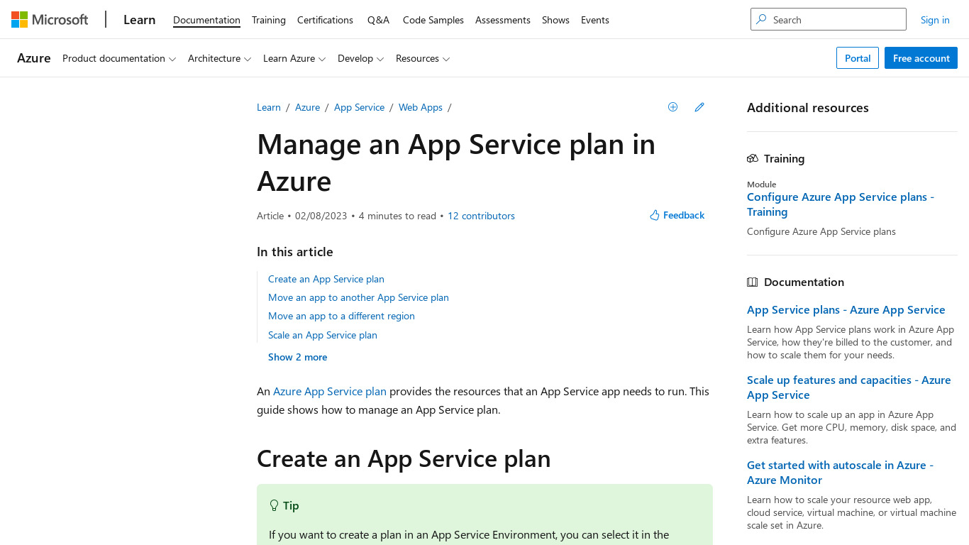 Azure App Service plan Landing page