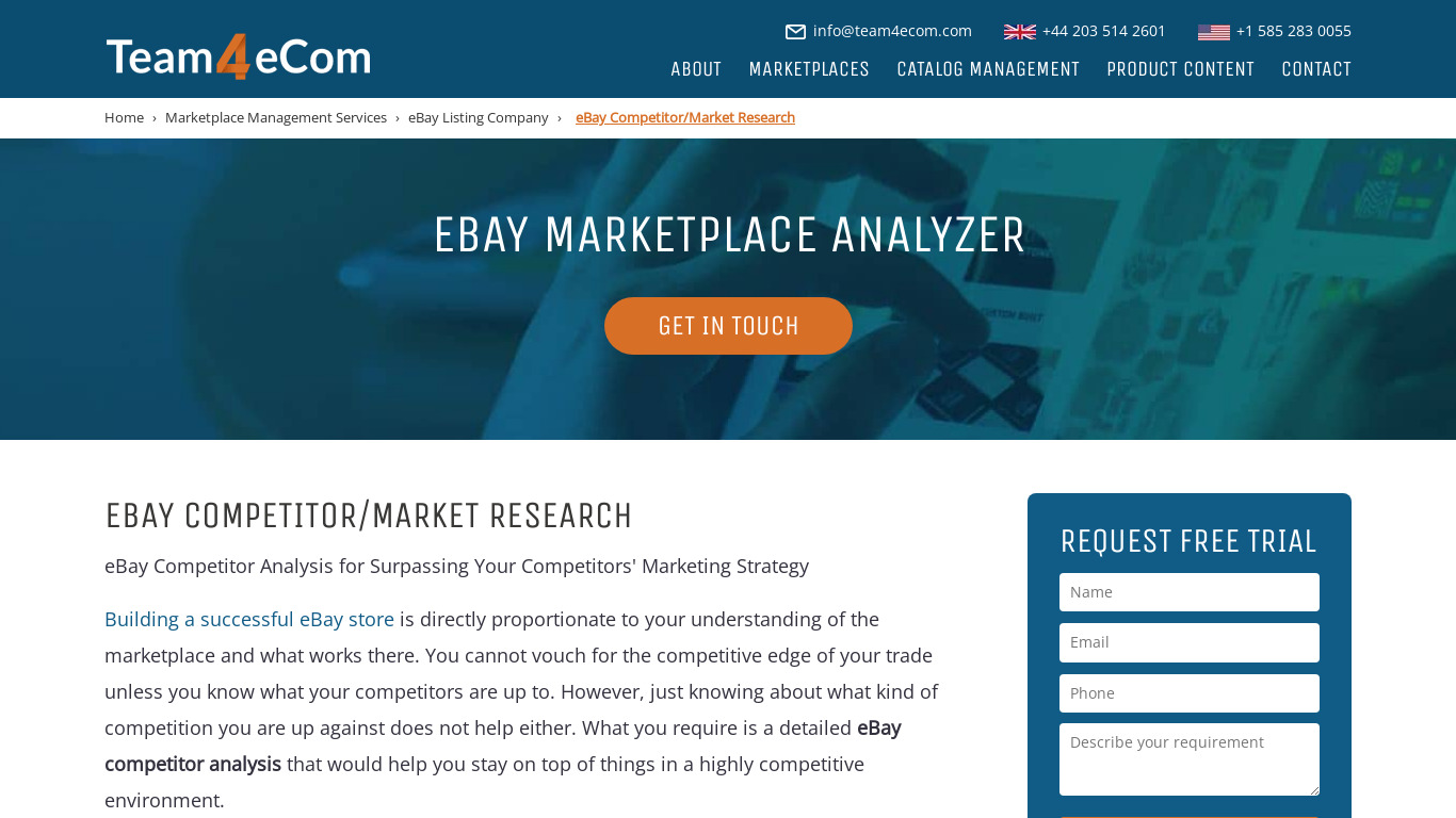 Ensellify eBay Market Research Landing page