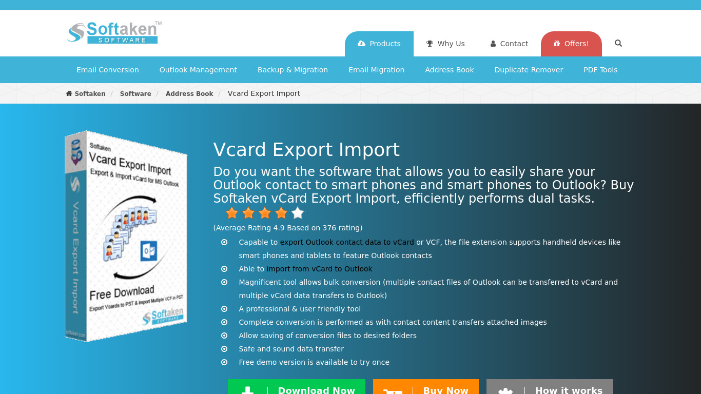 Softaken Vcard Export Import Landing page