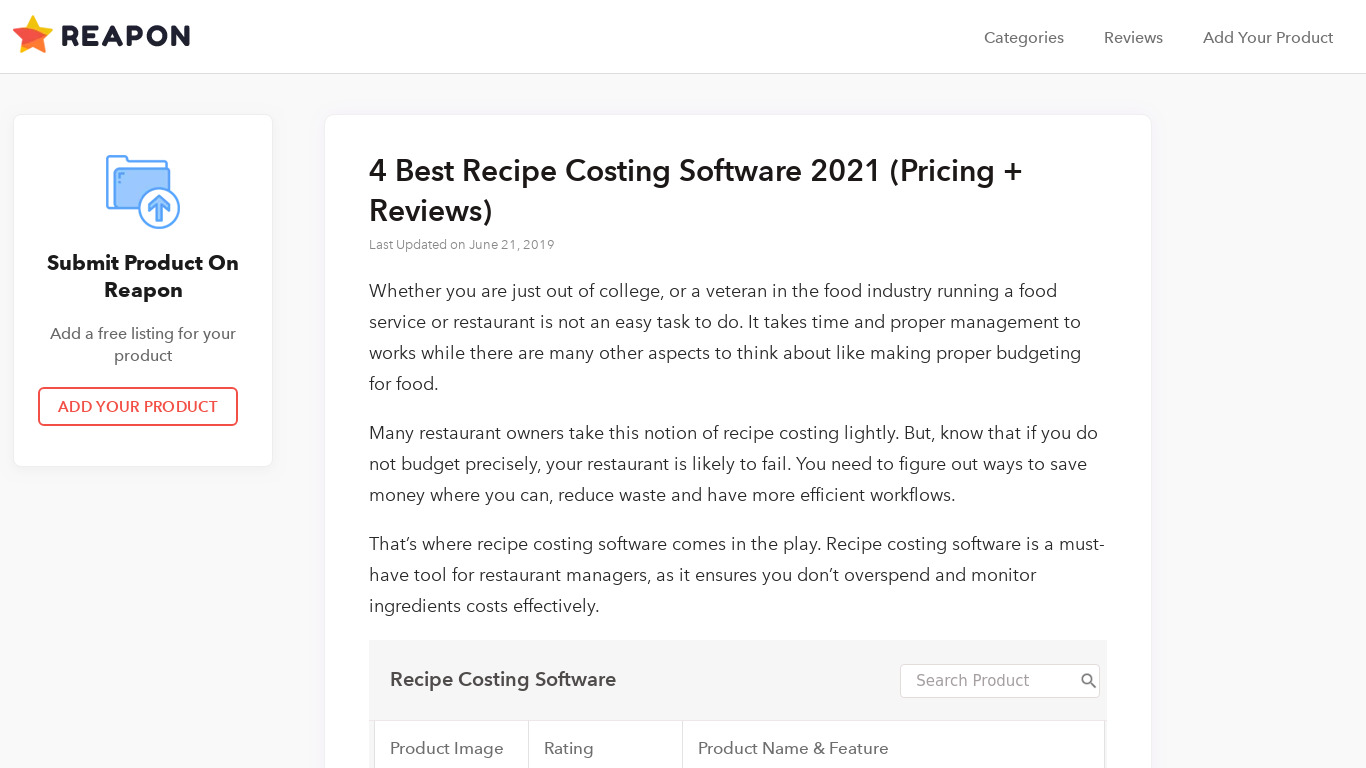 Ratatool Recipe Costing Tool Landing page