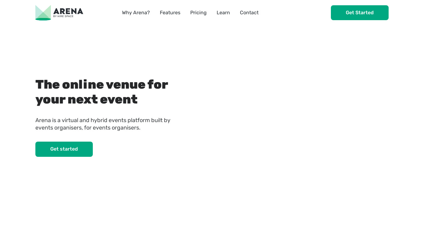 Arena by Hire Space Landing page