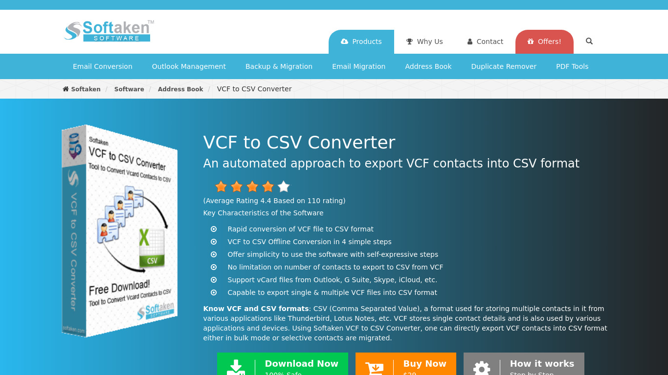 Softaken VCF to CSV Converter Landing page
