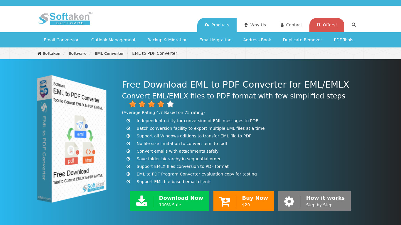 Softaken EML to PDF Converter Landing page