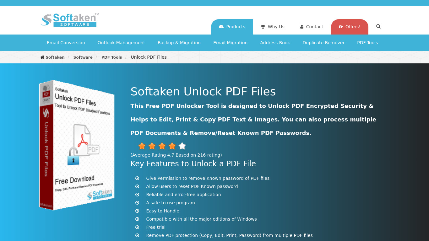 Softaken Unlock PDF Files Landing page