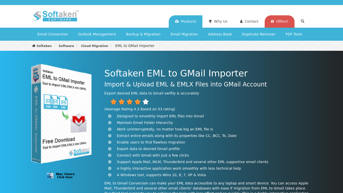 Softaken EML to Gmail Importer Landing page