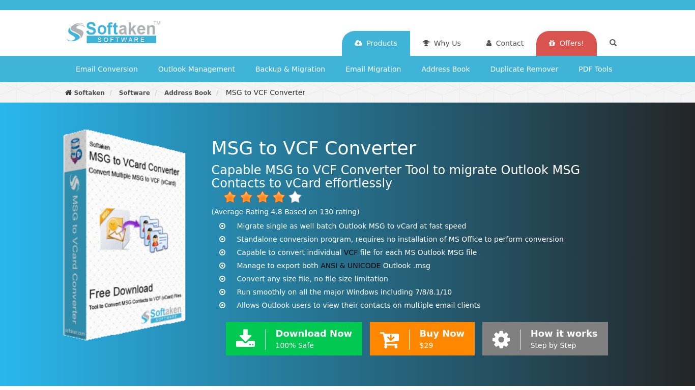 Softaken MSG to VCF Converter Landing page
