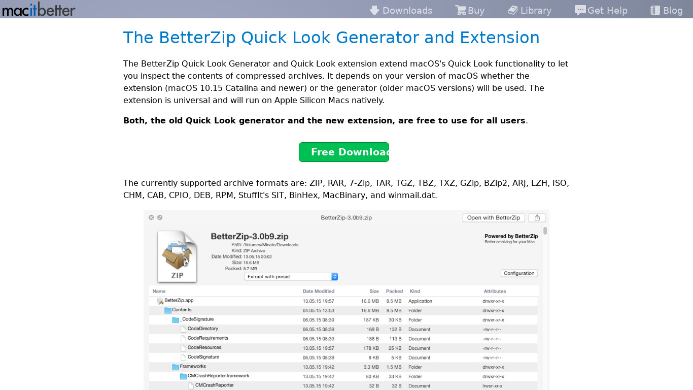 BetterZip Quick Look Generator Landing page