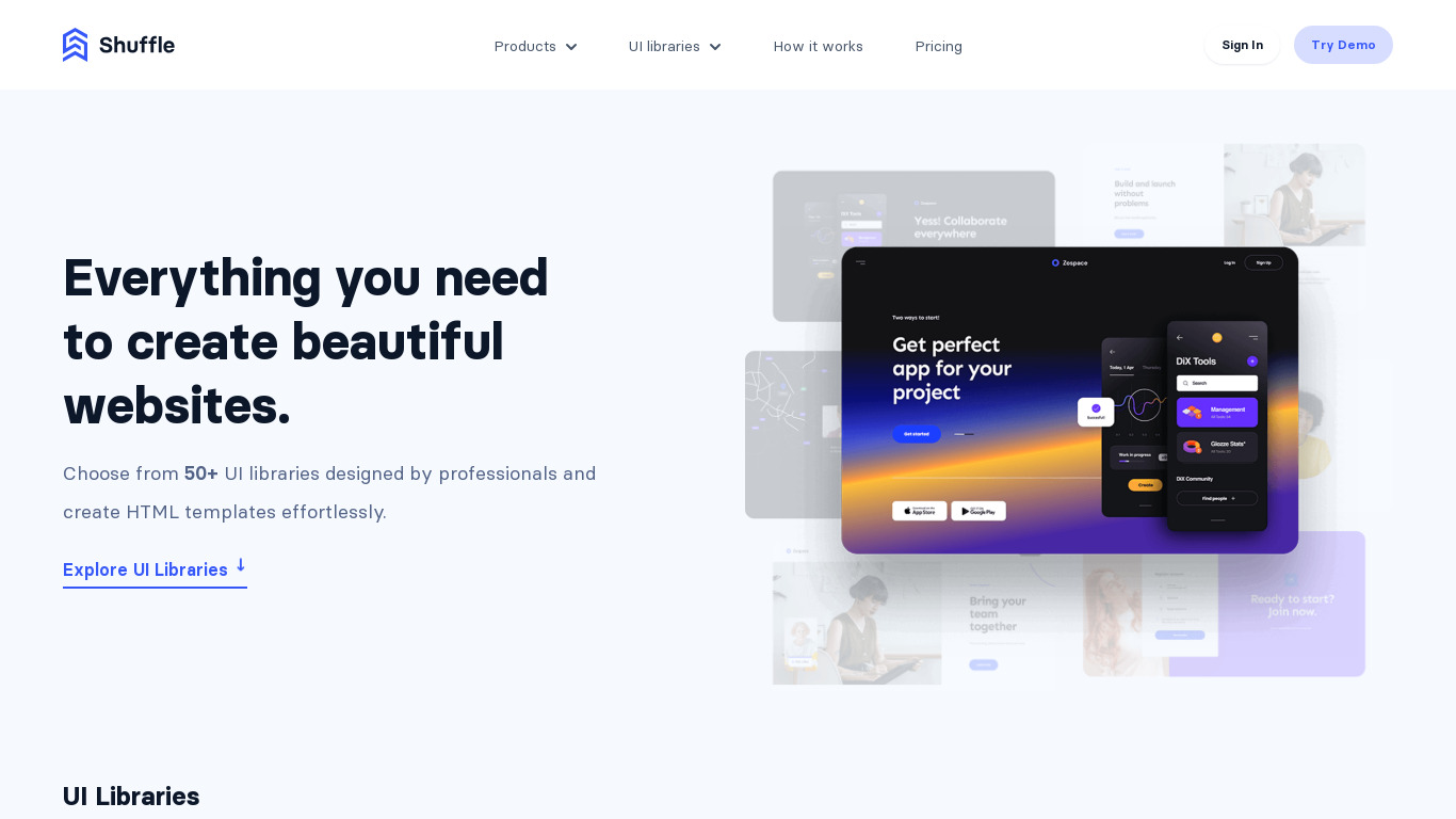 UI Libraries by Shuffle Landing page