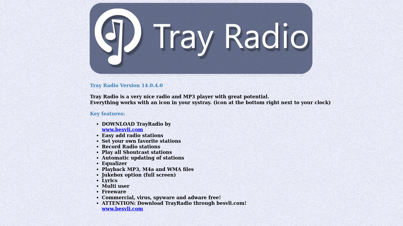 Tray Radio Landing page