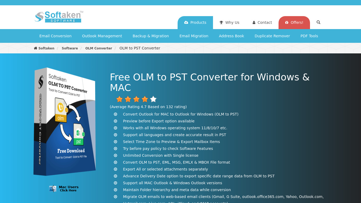 Softaken.com OLM to PST Converter Landing page