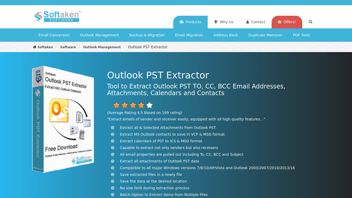Softaken Outlook PST Extractor Landing page