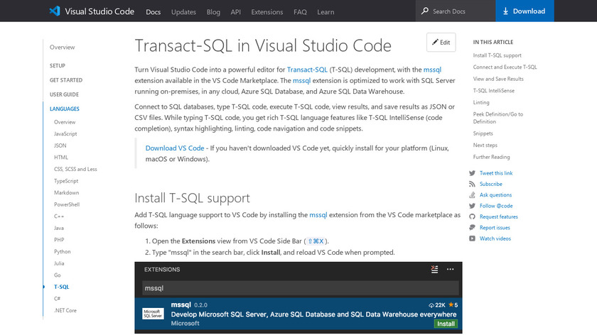mssql for Visual Studio Code Landing Page