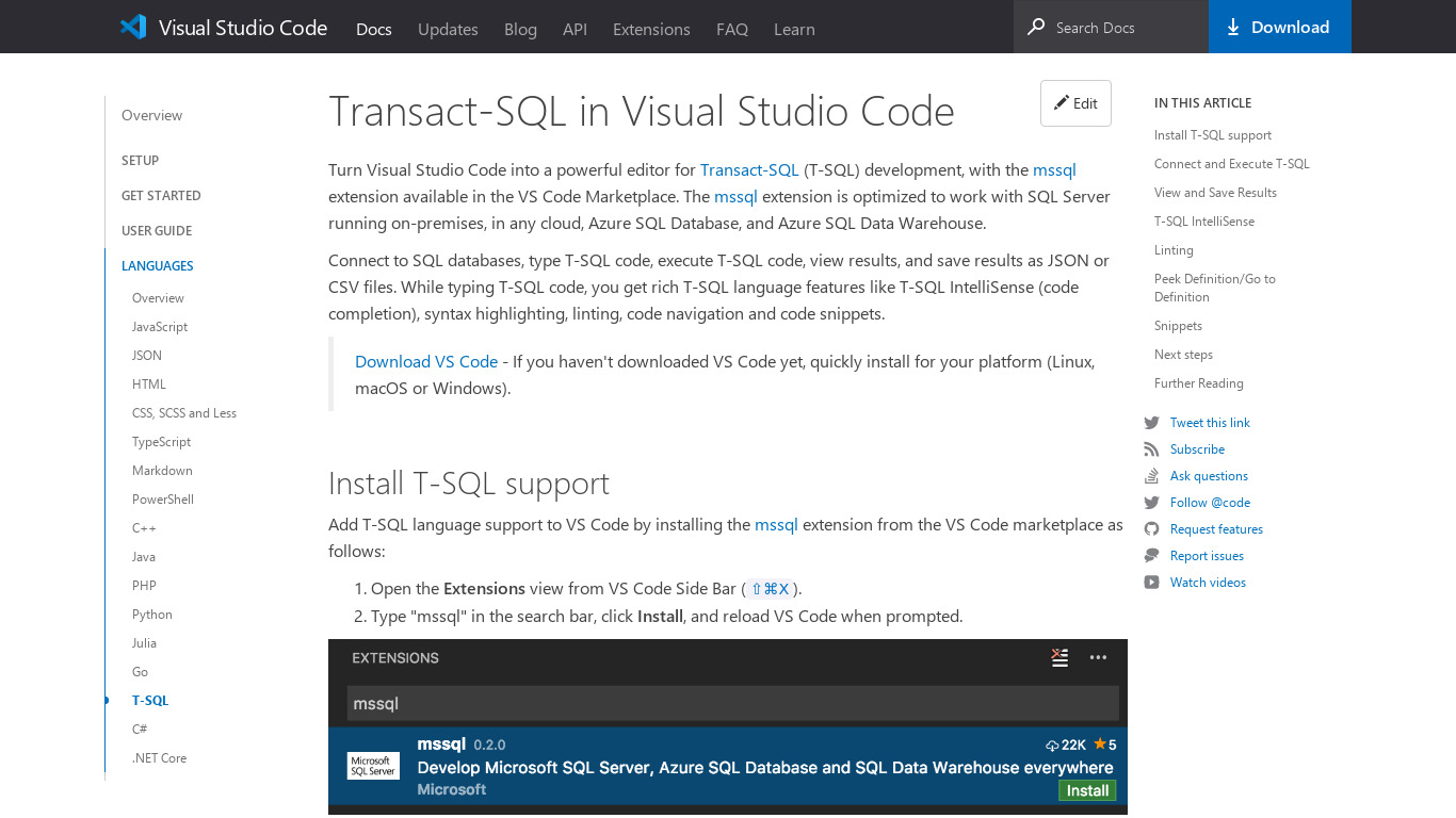 mssql for Visual Studio Code Landing page