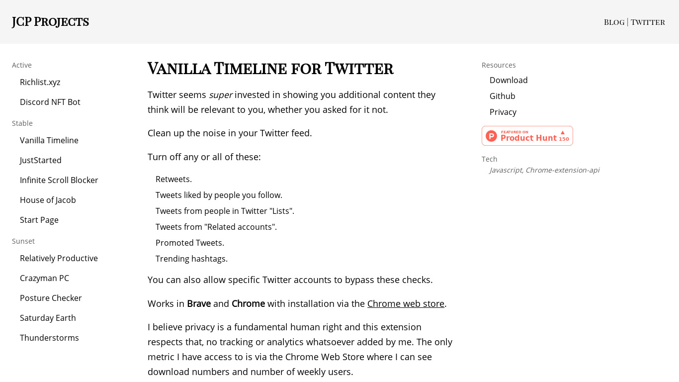 Vanilla Timeline for Twitter Landing page