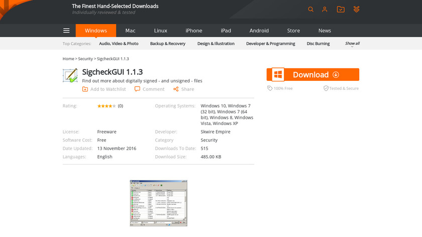 SigcheckGUI Landing Page