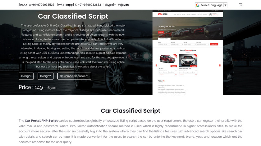 PingInfotech Car Classified Script Landing Page