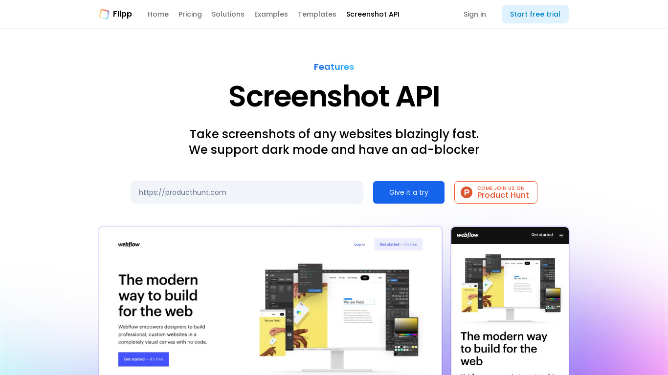 Screenshot API by Flipp Landing page