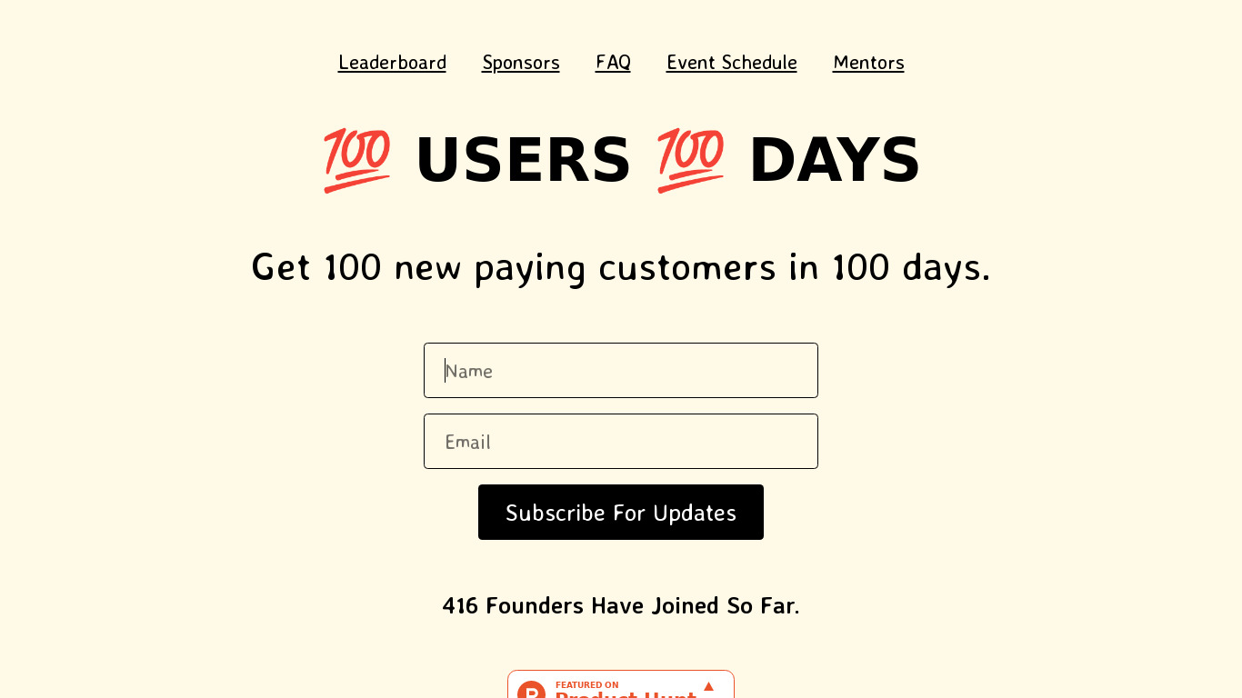 100 in 100 Challenge Landing page