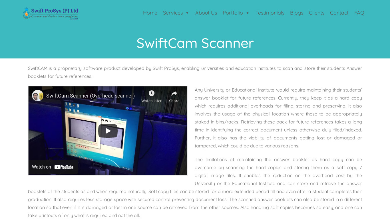 SwiftCam Scanner by Swift ProSys Landing page