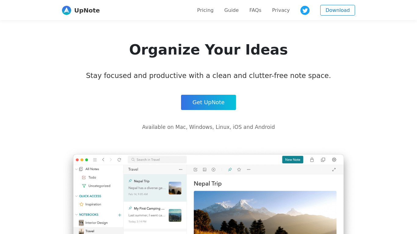 UpNote Landing page