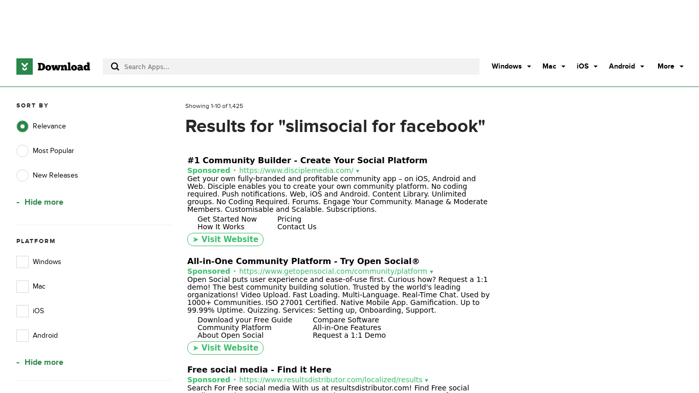 SlimSocial for Facebook Landing page
